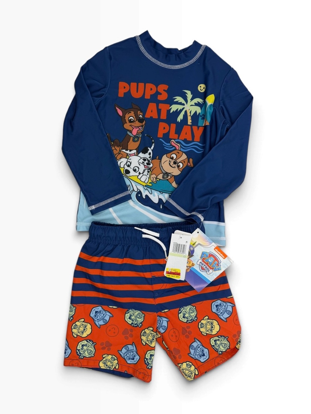 Paw Patrol Navy & Orange 'Pups At Play' Kids Swim Trunks & Rash Guard